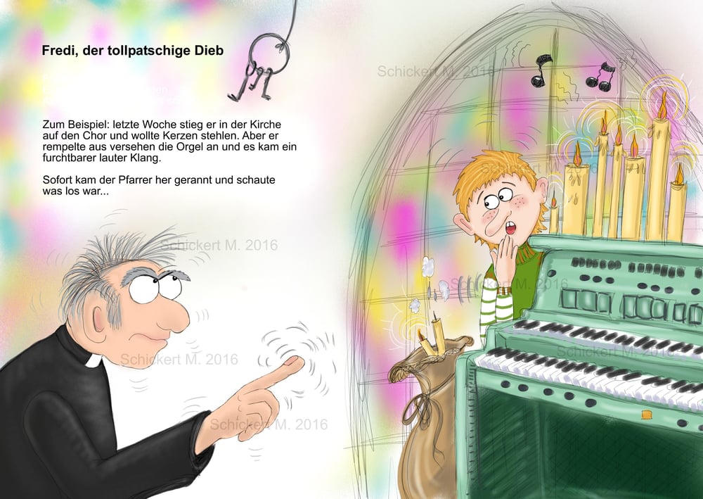 Kinderbuchillustrationen zum Kinderbuch: Fredi wird vom Pfarrer erwischt