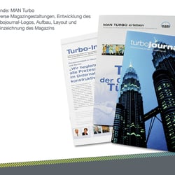 Kunde: MAN Turbo diverse Magazingestaltungen, Entwicklung des turbojournal-Logos, Aufbau, Layout und  Reinzeichnung des Magazi