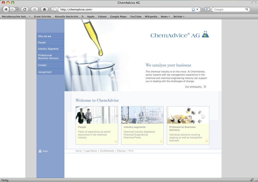 www.chemadvice.com, Kunde: ChemAdvice AG, 2006, Agentur: DesignBureau Vetter