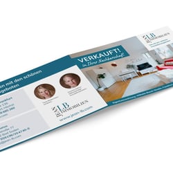 Klappkarte aus der Serie »Verkauft!« für Jean LB Immobilien, Titel und Rückseite