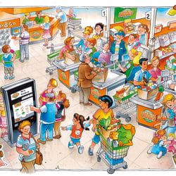 Illustration Wimmelbild „Kasse“