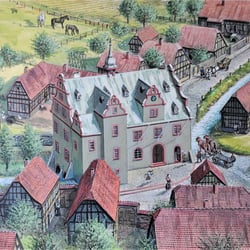 Mittelalterliche Pfungstädter Rathaus 1618    Acryl auf Sperrholzplatte