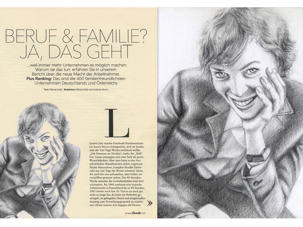 Anwendungsbeispiel meiner Illustration in der Magazin­gestaltung. Bleistiftzeichnung.