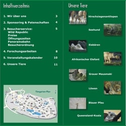 Broschüre „Tiergarten Wuppertal“. Inhaltsverzeihnis und Unsere Tiere.