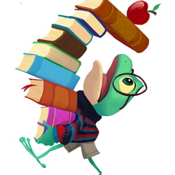 Froschjunge mit einem Stapel Bücher