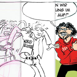 Skizze, Tuschzeichnung, in Photoshop bearbeiteter Scan, Kolorierung … – Detail
