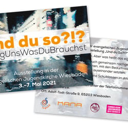 Werbepostkarte für die Ausstellung »Und du so?!?« in der Evangelischen Jugendkirche Wiesbaden