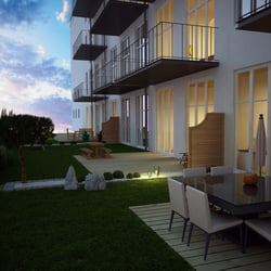 3D Visualisierung – Fassade in der Abenddämmerung
