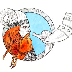 Heimdall mit Gjallahorn, 20×30, liner, acrylmarker., 2022.