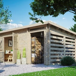 Ein Bungalow in Holzbauweise mit Anbau