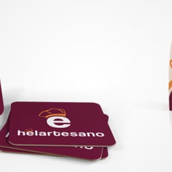 Diseño de POSAVASOS y BOLSA DE PAPEL para HELARTESANO, helados artesanos