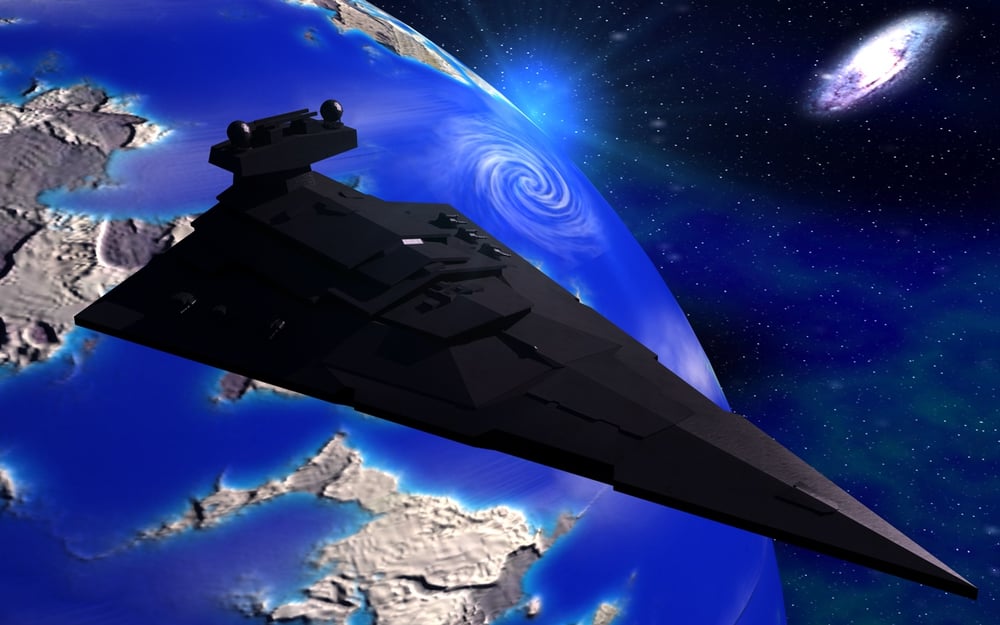 Imperialer Sternenzerstörer, erstellt mit Cinema 4D v10 --- Textur des Alls und der Planetenoberfläche erstellt mit Photoshop