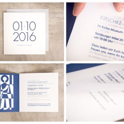 Hochzeitseinladung – Klappkarte mit transparentem Einleger. Einfarbiger Vollfarben-Druck. Komplettgestaltung außer Illustration