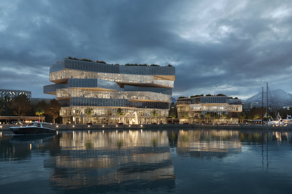 Außenvisualisierung eines zweiteiligen futuristischen Gebäudes am Wasser