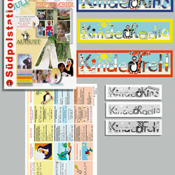 Titel- u. Rückseite, (Juli., Aug., Sept.) Themenüberschriften: Kino, Treff, Radio (Plakatkästen: Farbe, im Heft: Header SW)