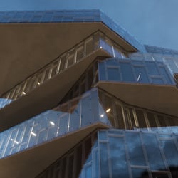 Außenvisualisierung eines zweiteiligen futuristischen Gebäudes am Wasser