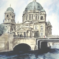 Berliner Dom mit Liebknechtbrücke, Aquarell, 40,5×29,5 cm, 1994
