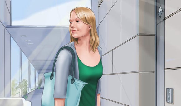 Frau, Blick nach hinten, Fahrstuhl , Halbtotale