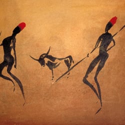 Zwei Jäger mit Stier 3, Aquarell/Tusche, 23,5×34 cm, 1997