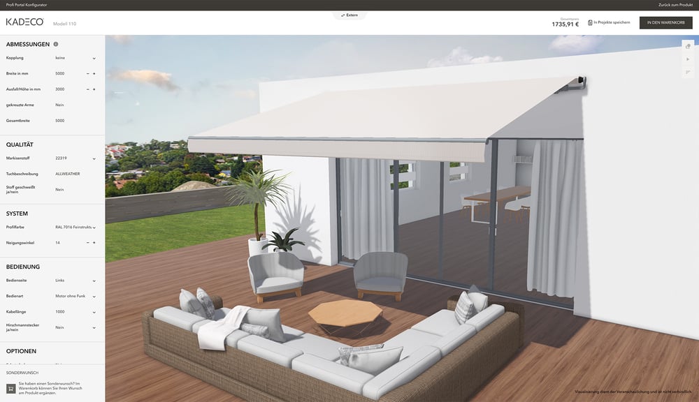 Kadeco 3D Sicht- und Sonnenschutz Konfigurator