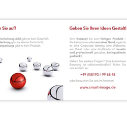 Der Firmenflyer. Format 98×98 mm. Seiten 2 und 3.