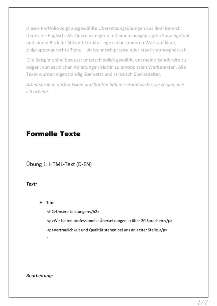Formelle Übersetzung – HTML-Text (D-EN)