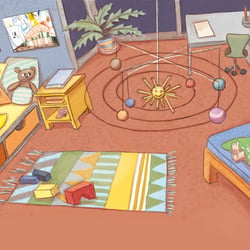 Kinderzimmer, Emil befragt seine Schwester zur Schuluntersuchung