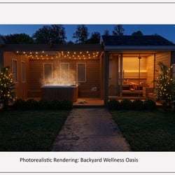 Night View: Backyard Wellness Oasis & Sauna Pod Visualization
