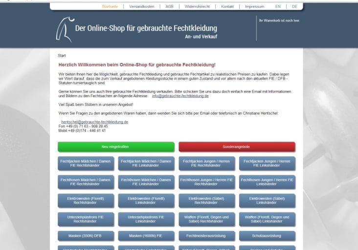 Responsive Website mit Joomla und Virtuemart für „Onlineshop für gebrauchte Fechtkleidung“
