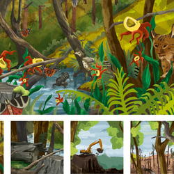 Wimmelbild zum Biotop „Wald“ mit zugehörigen Spielkarten