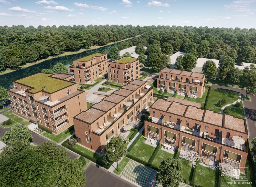 3D Architekturvisualisierung – Wohnanlage – Mehrfamilienhäuser und Reihenhäuser – Vogelperspektive