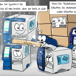 Comic illustration of label printers as a product presentation for social media