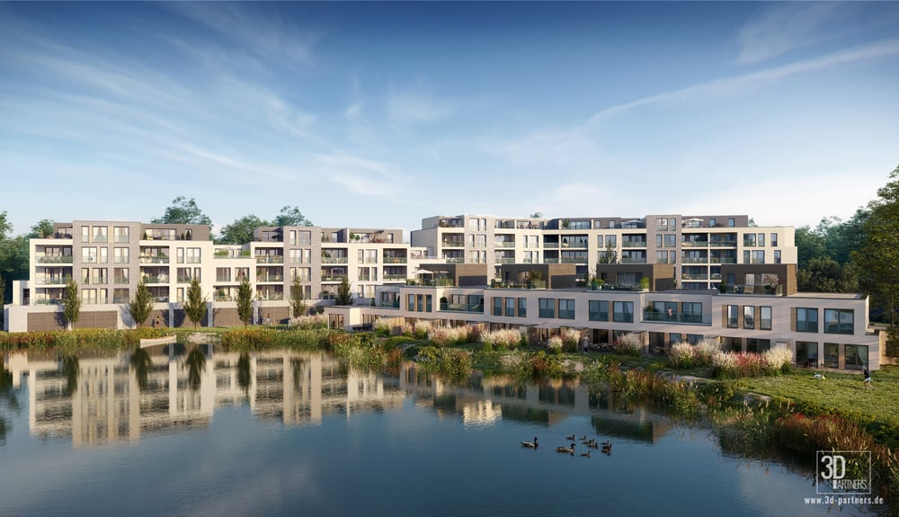 3D Architekturvisualisierung – Wohnanlage und Reihenhäuser am See