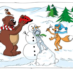 Bär, Fuchs und Hase bauen einen Schneemann