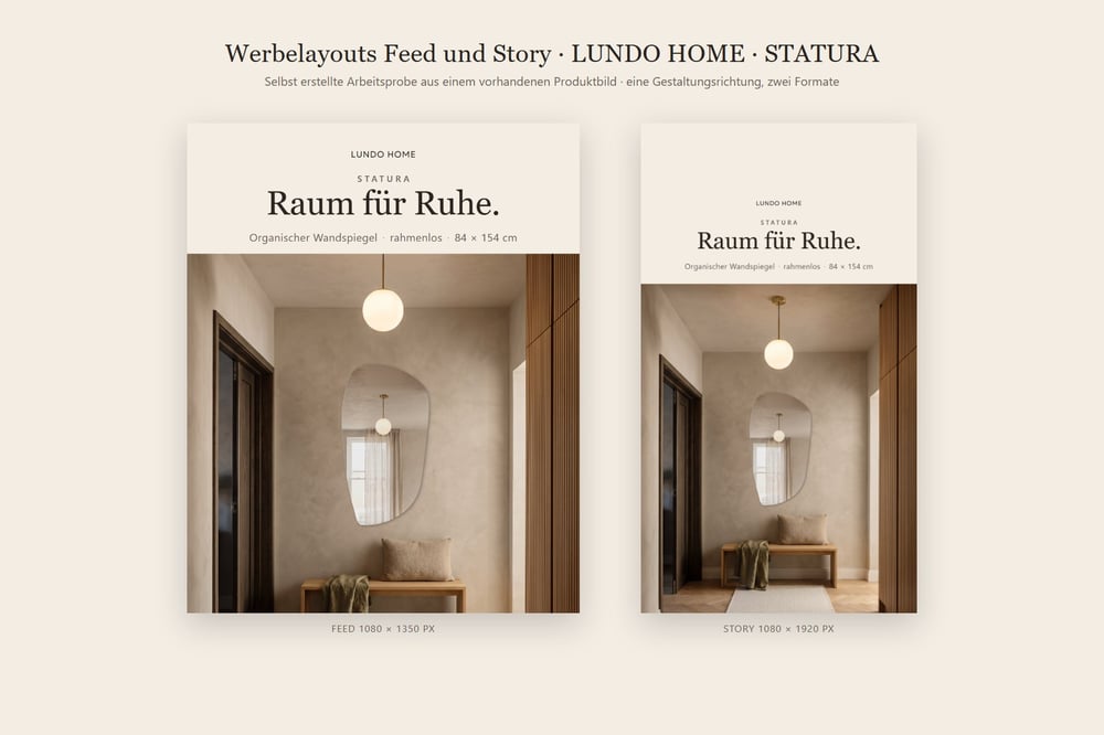Werbelayouts Feed und Story – Lundo Home STATURA (Arbeitsprobe)