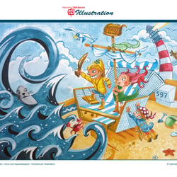 15 = Strandkorbpiraten / Acryl auf Aquarellpapier / Kinderbuch Illustration