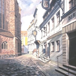 Nikolaikirchplatz, Eitempera u. Öl/Lw, 80×60 cm, 1995