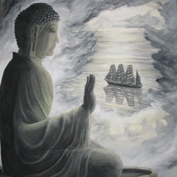 Buddha von Lantau mit der aus Hongkong auslaufenden Sedov