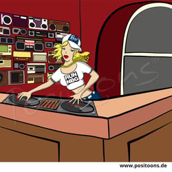Cartoon-Illustration der Sympathiefigur am Mischpult