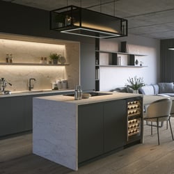 Innenvisualisierung eines kontrastreichen und dennoch harmonischen Apartments