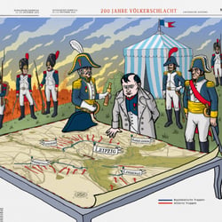 Doppelseitige Zeitungsillustration zur Vielvölkerschlacht bei Leipzig