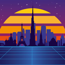 80er-Retro-Sonnenuntergang mit Skyline
