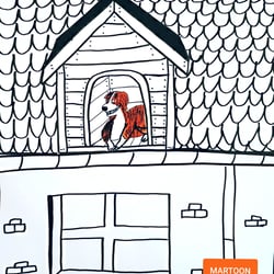 Inktober-21 Tag 13 – Thema:Roof.  Eine Hundehütte auf dem Dach. Mit der besten Aussicht auf den Garten.