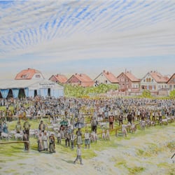 Pfungstadt – Ziegenmarkt – Blick nach Nordosten / Motiv historisch, etwa um 1910 – Buntstiftmalerei auf Zeichenkarton