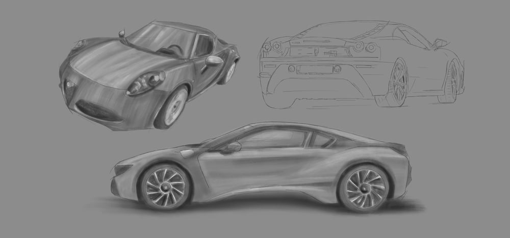 Scribble Grafik von Autos aus verschiedenen Perspektiven