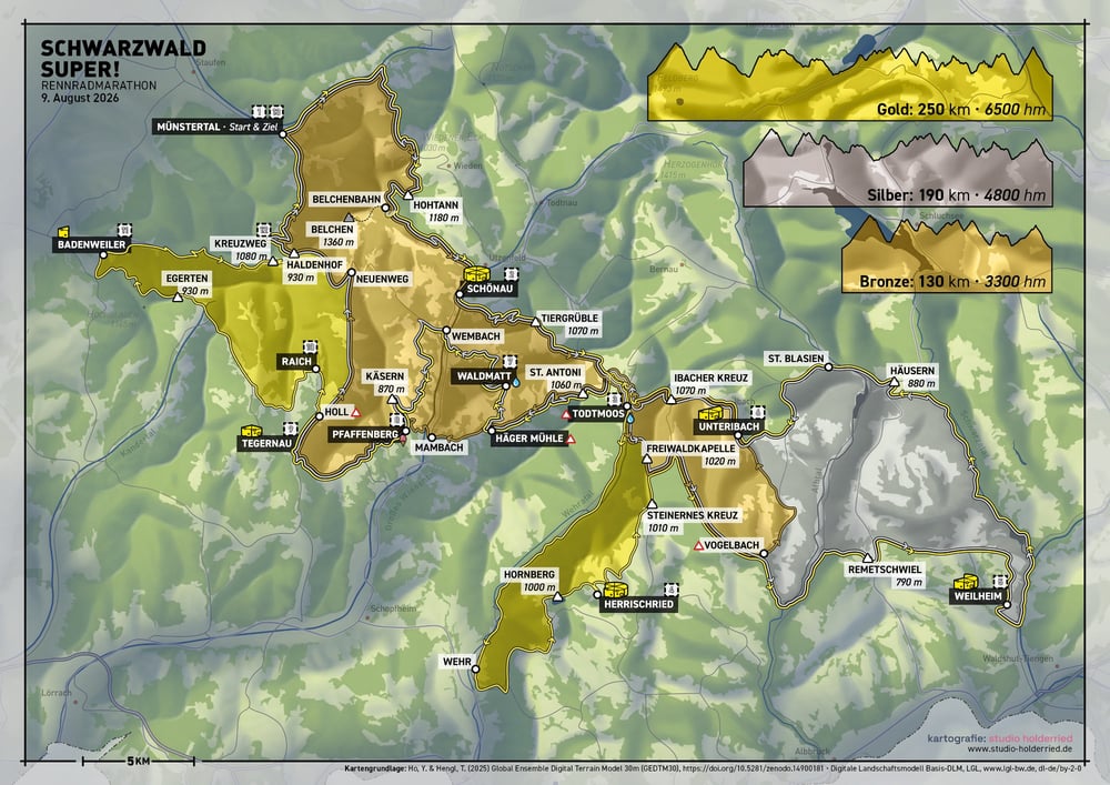 Streckenkarte der drei Routen Bronze, Silber und Gold