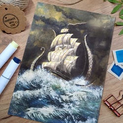 Schiff in doppelter Seenot; Mixed Media auf A5