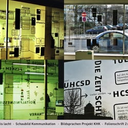 Ausstellung  ·  Iris lacht  ·  Schaubild Kommunikation   ·  Bildsprachen Projekt KHK  ·  Folienschrift 2 x 3 m  ·  2006