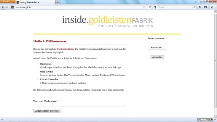 Die Startseite zum Intranet. Passwort erforderlich.