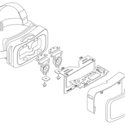 Isometrische Explosionszeichnung (Raumschema) einer VR Brille, sowie Animation der Einzelteile